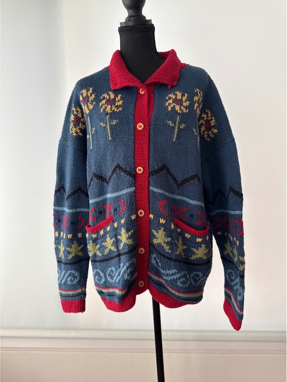 Vintage Cotton Salsa Cardigan Sweater L Hand Loomed Peru 100% Cotton Folk Art